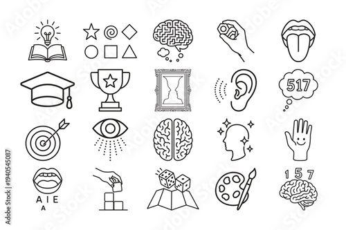 Early childhood development cognitive abilities and preschool education editable outline vector icon bundle set for mental therapy concept