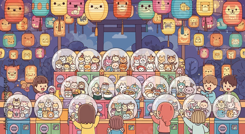 Cute Kawaii Characters at Japanese Festival with Lanterns and Gachapon Machines