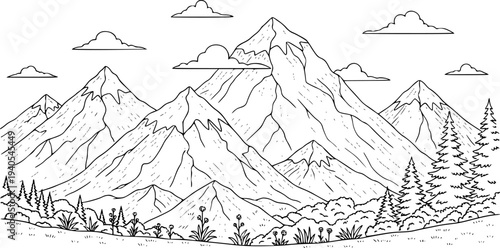 Hand Drawn Mountain Range Landscape With Clouds Trees And Flowers White Background