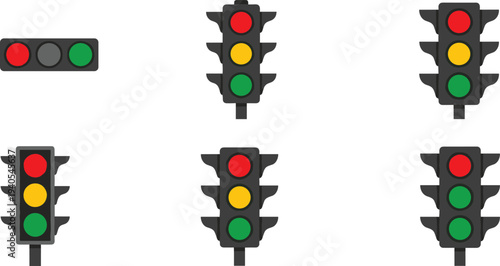 Traffic Light Vector Set Featuring Red Yellow and Green Signal Lamps in Vertical and Horizontal Designs for Road Safety and Transport.