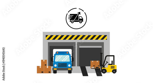 Warehouse loading dock with forklift and truck.
