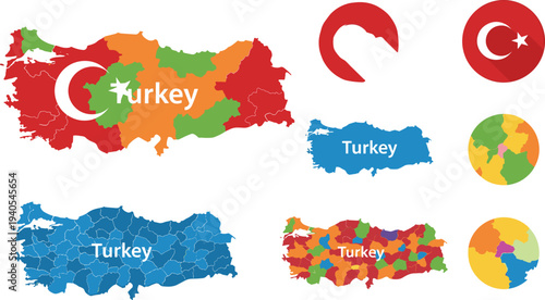 Turkey Map Set Featuring Colorful Political Borders, National Flag Emblems and Blue Geographical Silhouettes for Travel and Design.