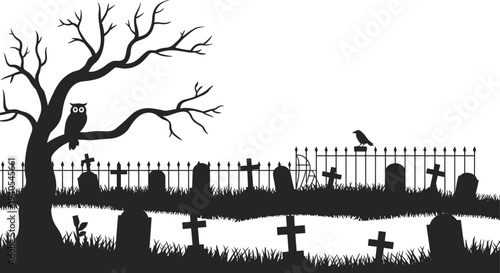 Silhouette of a cemetery with a tree an owl and a crow on a fence graveyard tombstones crosses