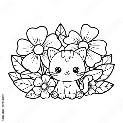 A cute cartoon cat surrounded by flowers and leaves illustration