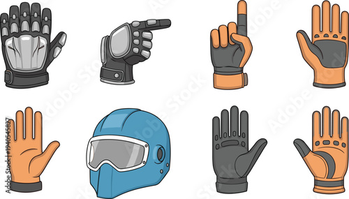 Safety Gear Set Featuring Protective Motorcycle Gloves in Various Positions and a Blue Full Face Helmet for Biker and Rider Design.