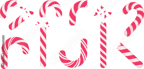 Set of Broken Candy Canes and Pink Striped Peppermint Sweets for Christmas Holiday Treats, Winter Snack and Confectionery Design.