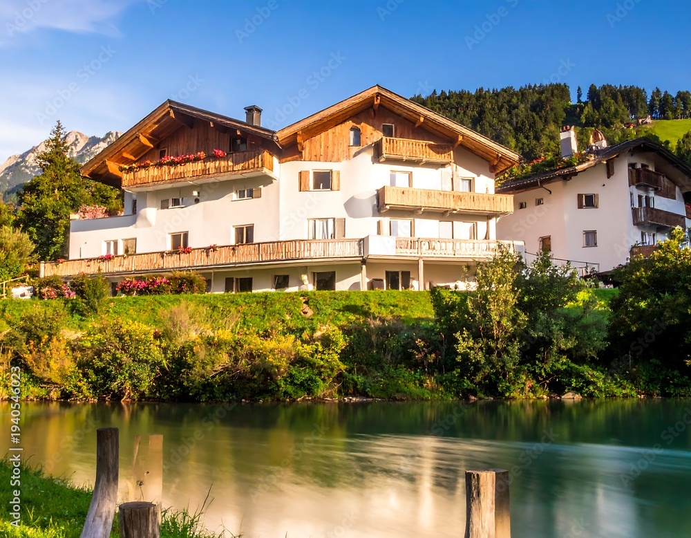 Obraz premium Scenic view of a European alpine lodge situated beside a river surrounded by greenery