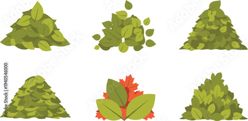 Set of Green Leaf Piles and Heap of Autumn Foliage Illustrations for Garden Maintenance, Seasonal Nature and Landscaping Design.