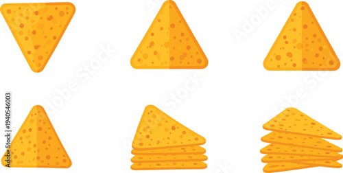 Set of Golden Yellow Nacho Chips and Triangular Tortilla Crisps Icons for Mexican Food Snacks, Appetizer Design and Vector Graphics.