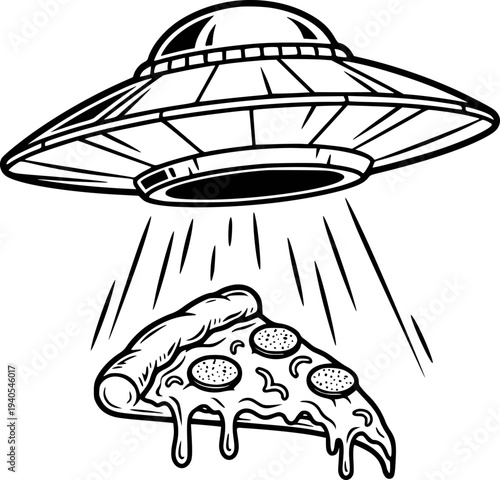 Flying Saucer Abducting Delicious Pepperoni Pizza Slice with Dripping Cheese White Background