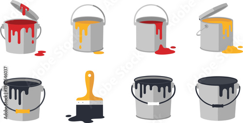 Set of Grey Metal Paint Buckets with Spilled Red Yellow and Black Liquid and a Paintbrush for Home Renovation and Art Studio Decor.