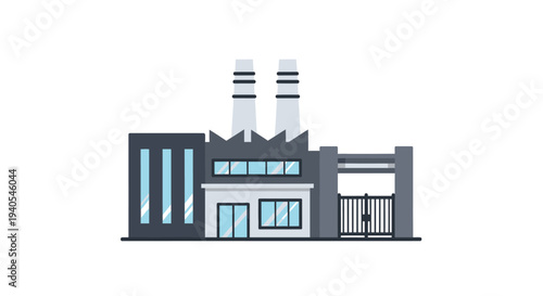 Industrial factory building with smokestacks.