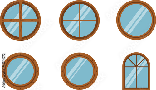 Set of Vintage Round Wooden Windows and Porthole Designs with Glass Panes for Interior Decoration, Nautical and Architectural Vector.