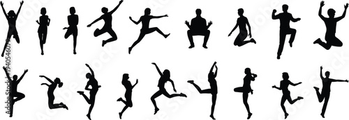 Silhouettes of people dancing in various dynamic poses against a white background