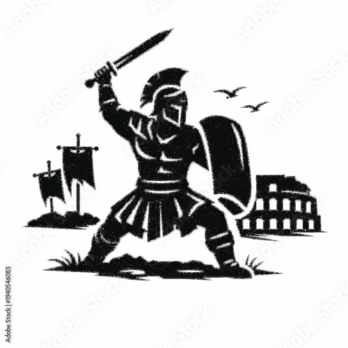 Ancient Roman Gladiator Silhouette with Sword and Shield in Arena