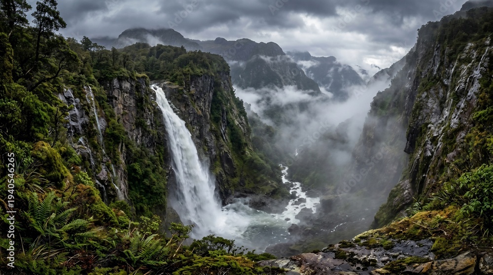 Obraz premium Majestic Waterfall Cascading Through Lush Green Mountains Under a Dramatic Sky.