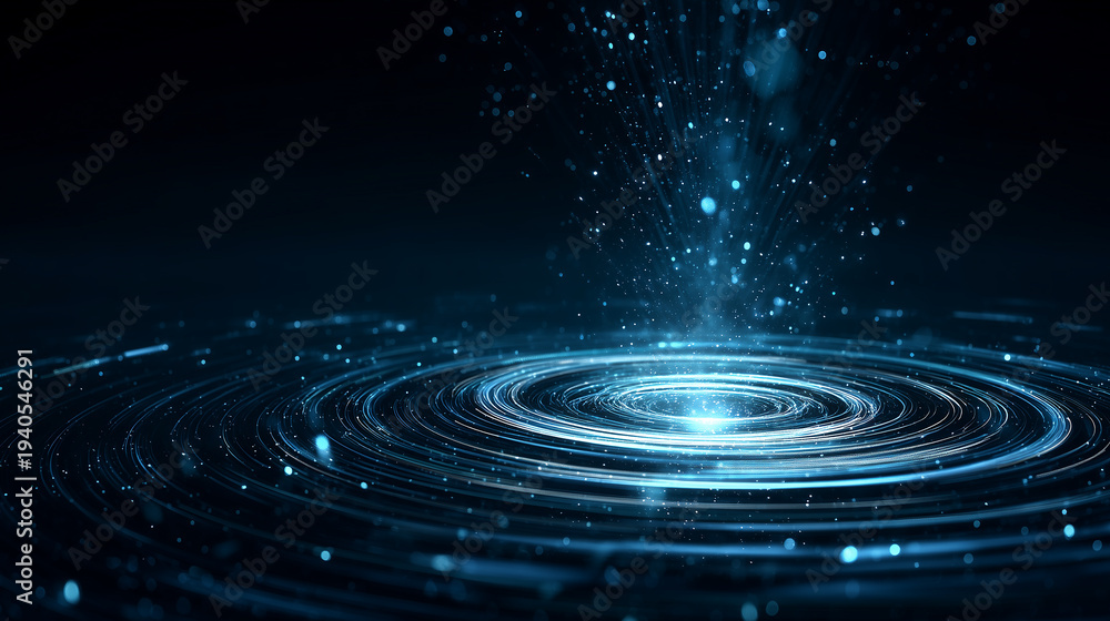 Fototapeta premium Abstract futuristic energy ripple with glowing particles and circular wave rings, digital quantum field or cosmic technology concept background