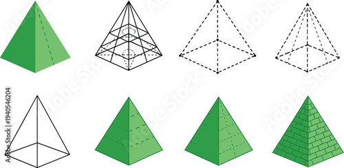 Geometric Pyramid Shapes and Wireframe Structure Collection Flat Vector Illustration Set Isolated on White Background