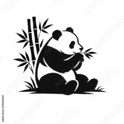 Iconic Giant Panda Bear Eating Bamboo Leaves in Minimalist Silhouette Style