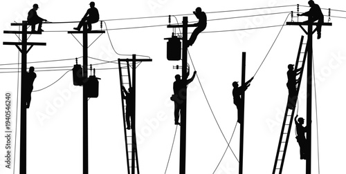 Silhouettes of workers repairing and maintaining utility poles and power lines with ladders and tools 1