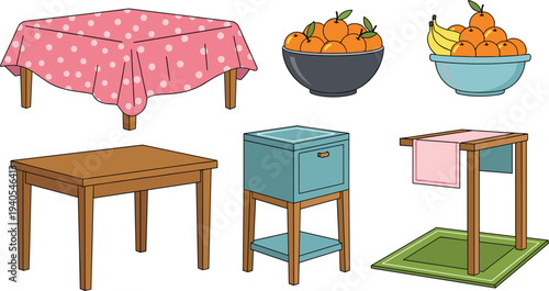 Kotatsu Table and Japanese Winter Furniture with Mandarins Collection Flat Vector Illustration Set