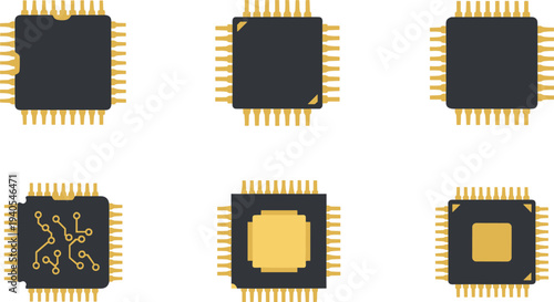 Microchip Processor and Integrated Circuit Computer Hardware Technology Icons Set Flat Vector Illustration