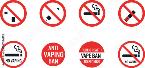No Vaping and Smoking Ban Sign Set with Red Prohibition Circles and Warning Text for Public Health, Safety and Tobacco Control Art.