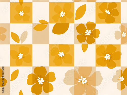 This mid-century modern abstract pattern features blocky flowers, leaves, and geometric shapes in a textured linen style. The color palette includes mustard yellow, beige, black, and white.