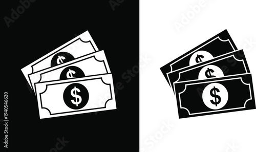 Black and white silhouette vector collection of fanned dollar bills stacks and paper money for banking business and financial design.Black and white silhouette vector collection of fanned dollar bills