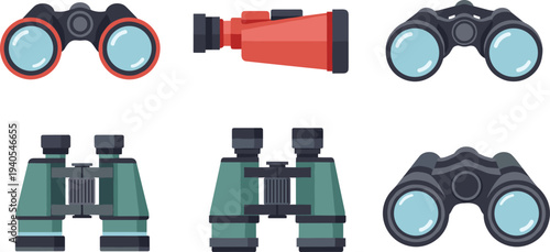 Binoculars and Monocular Optical Devices Collection Outdoor Observation Equipment Flat Vector Illustration