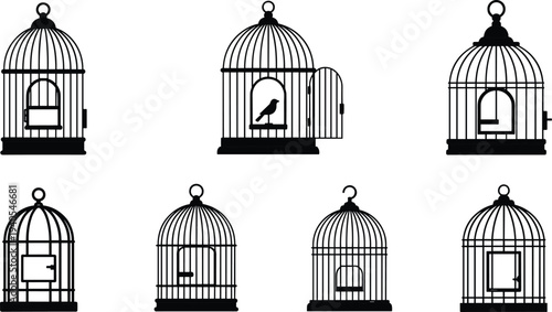 Black Birdcage Silhouette Set Featuring Various Cage Designs and a Bird for Interior Decoration, Pet Shop Logo and Vector Design.