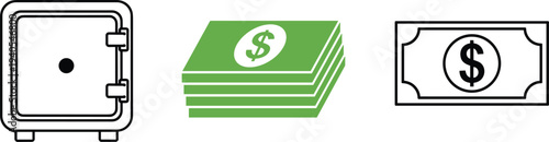Vector illustration set featuring a metal bank safe box stack of green dollar bills and paper money for financial security design.Vector illustration set featuring a metal bank safe box stack of green