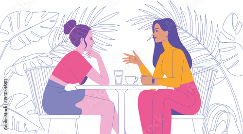 Two women sitting at a table in a garden setting having a conversation with coffee cups and plants in the background