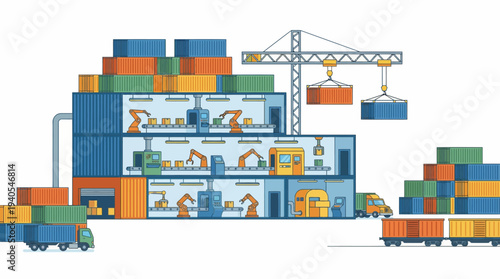 Illustration of a modern automated warehouse facility with robotic arms and shipping containers being loaded and unloaded.