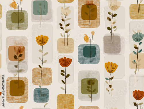 This mid-century modern abstract pattern features blocky flowers, leaves, and geometric shapes in a textured linen style. The color palette includes mustard yellow, beige, black, and white.