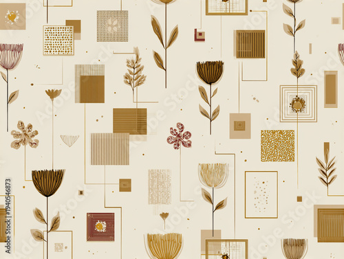 This mid-century modern abstract pattern features blocky flowers, leaves, and geometric shapes in a textured linen style. The color palette includes mustard yellow, beige, black, and white.