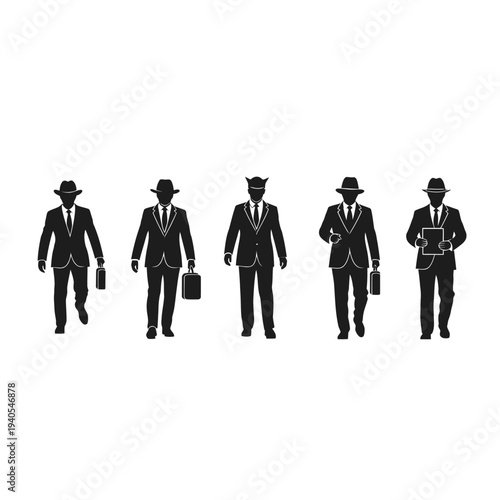 Silhouette of five businessmen walking, one with devil horns, representing teamwork and choices