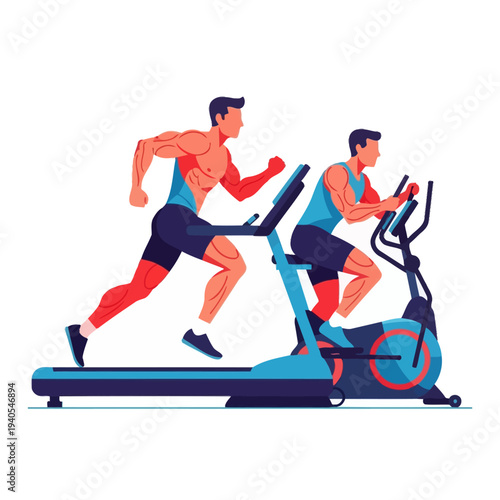 Two Men Exercising: Running on Treadmill and Elliptical Machine