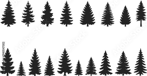 Various black silhouettes of different sized pine trees arranged in two rows on a white background