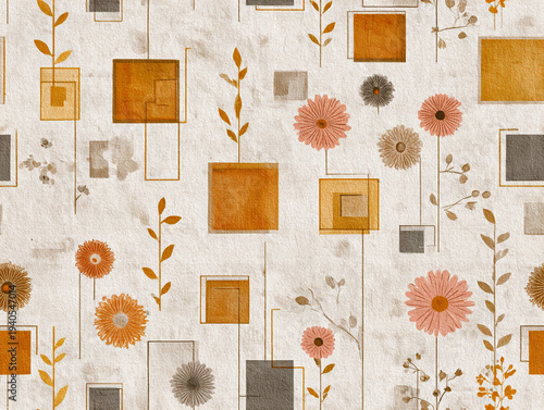 This mid-century modern abstract pattern features blocky flowers, leaves, and geometric shapes in a textured linen style. The color palette includes mustard yellow, beige, black, and white.