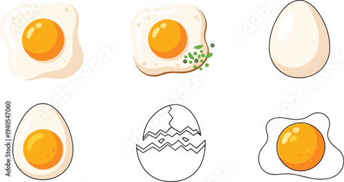 Egg Cooking Stages Collection Raw Egg Fried Egg and Broken Eggshell Flat Vector Illustration Set
