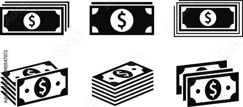 Set of flat and isometric vector silhouettes of dollar bills and paper money stacks for banking financial and business design projects.