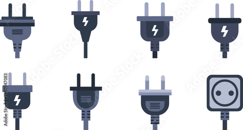 Electric Power Plug and Socket Set Featuring Various Dark Grey AC Outlets with Lightning Bolt Symbols for Energy and Hardware Design.