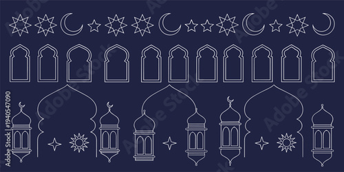 Islamic decorative crescent moon stars lanterns mosque domes