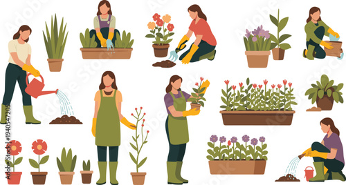 Woman in green apron and yellow gloves tending to various potted plants and flowers in different gardening activities