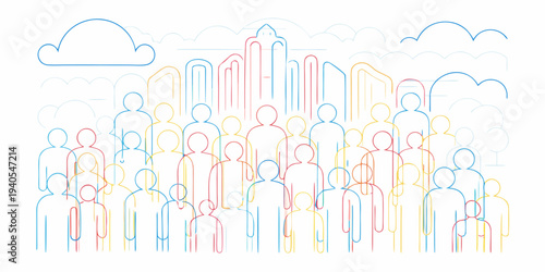 Colorful outline of a crowd with buildings and clouds above