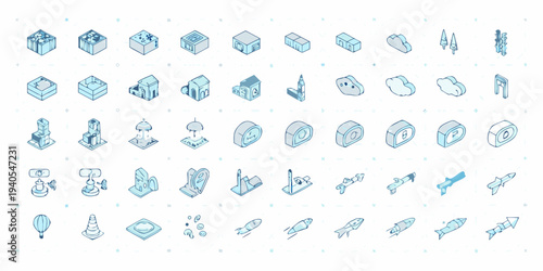 Isometric blueprint icons depicting futuristic buildings technology and spacecraft