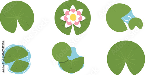 Water Lily and Lotus Leaf Set Featuring Green Lily Pads and a Pink Flower for Pond Nature, Aquatic Garden and Zen Vector Illustration.