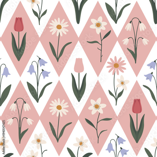 Pink diamond pattern with assorted spring flowers floral