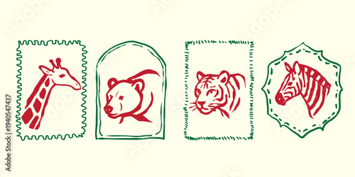 Vintage animal head decorative frames, vector hand drawn giraffe, bear, tiger, and zebra in vintage doodle style, simple lines and minimal colors isolated on white background